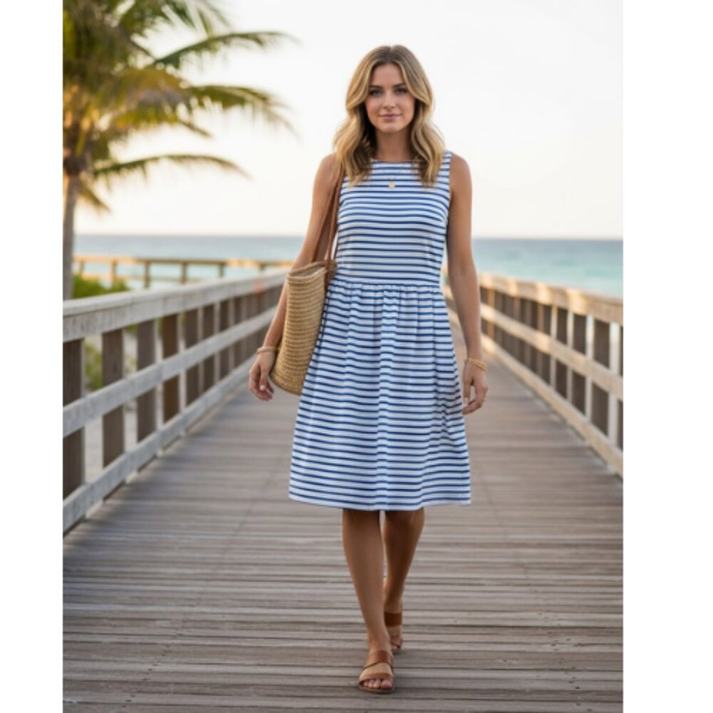 J. Crew Blue and White Striped Sleeveless Midi Dress